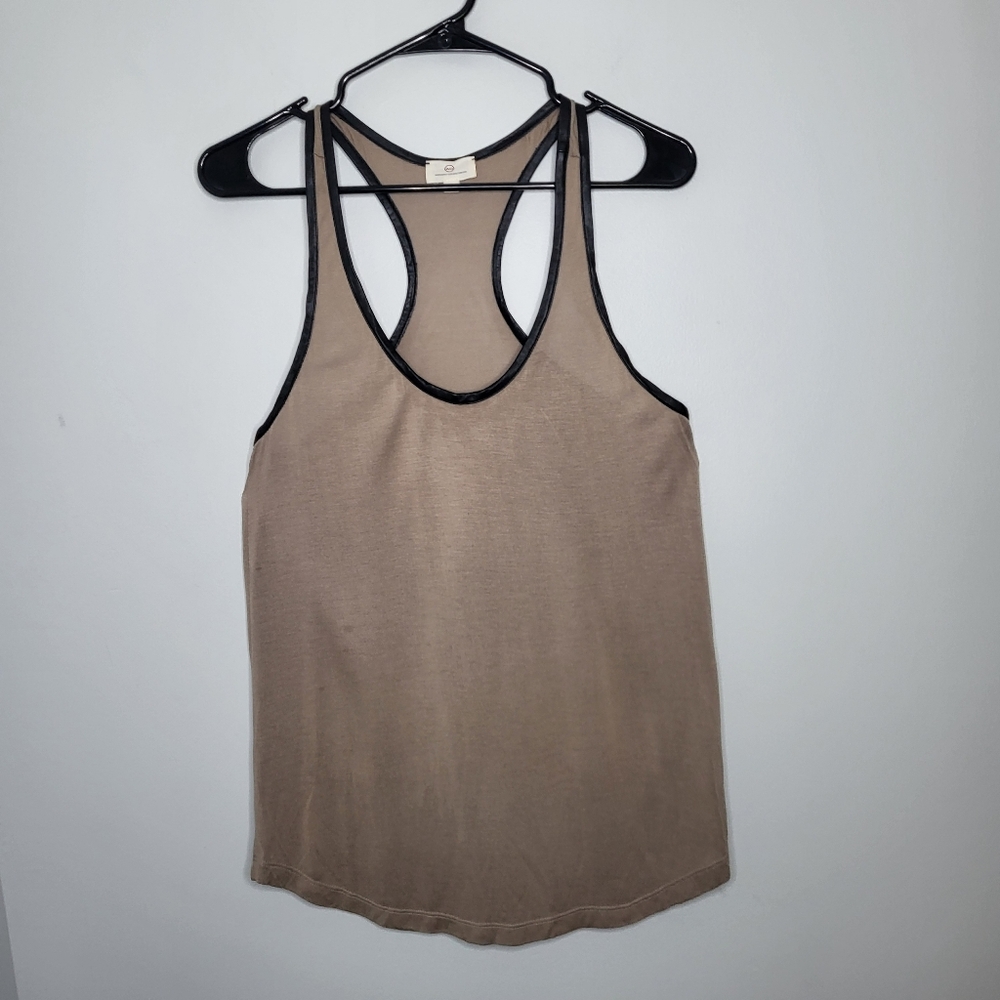 AG JEANS ADRIANO GOLDSCHEMIED WOMEN'S SZ S LEATHER TRIM TAN RACERBACK TANK TOP